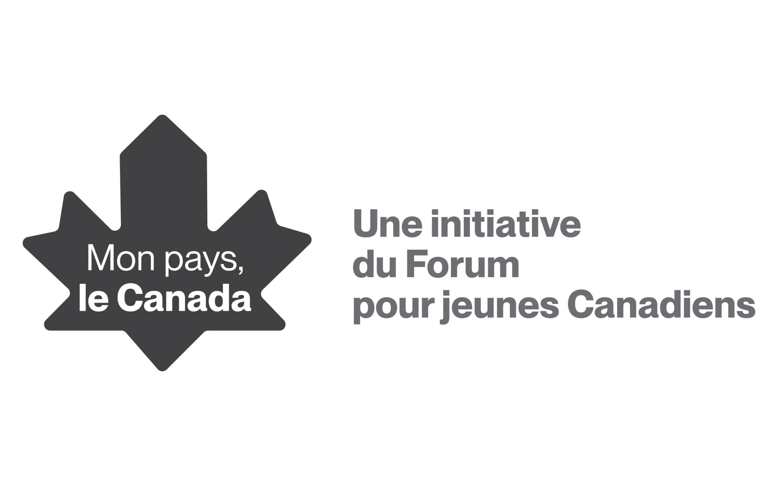 Image achromatique de la bannière du projet « Mon pays, le Canada ». À gauche, les mots « Mon pays, le Canada » sont nichés dans une feuille d’érable. À droite, les mots « Une initiative du Forum pour jeunes Canadiens » se déploient.