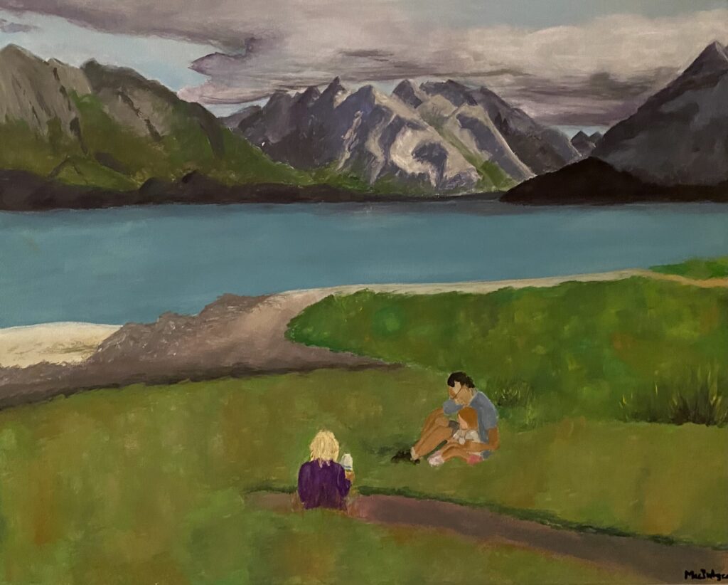 A hand-painted landscape of Jasper, Alberta. In the foreground, the artist and her family are seated in the grass together. The father and daughter are cuddled together. In the midground, a wide blue river crosses the landscape. In the background, large mountains are illuminated on one side by the sun, the other side is cast in shadows. There is greenery visible on the mountainsides.