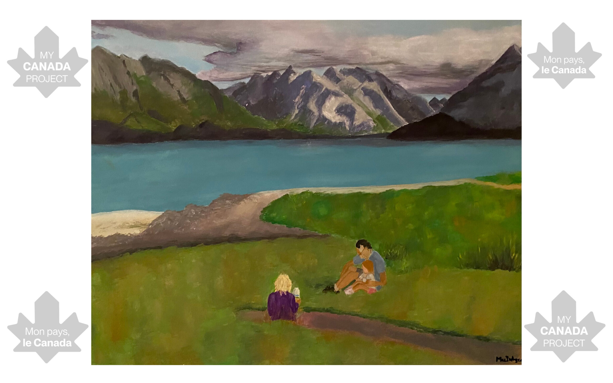 A hand-painted landscape of Jasper, Alberta. In the foreground, the artist and her family are seated in the grass together. The father and daughter are cuddled together. In the midground, a wide blue river crosses the landscape. In the background, large mountains are illuminated on one side by the sun, the other side is cast in shadows. There is greenery visible on the mountainsides.