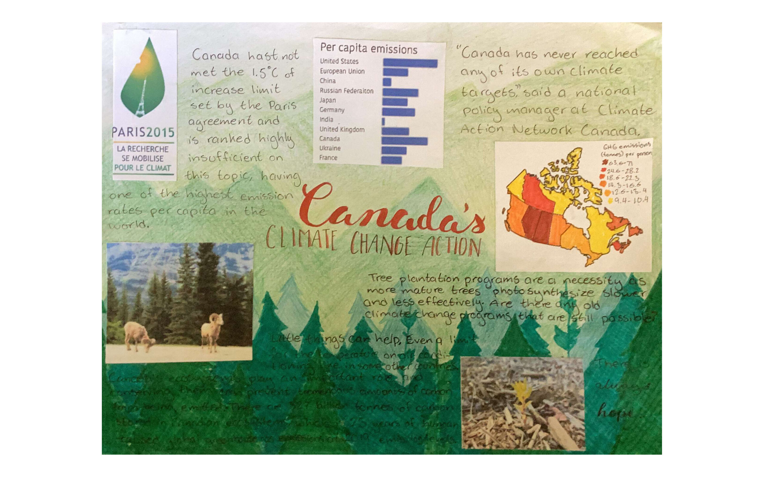 Hand-drawn artwork featuring text, graphs, and images related to Canada’s climate change action. The background is made up of silhouettes of mountains and trees in a gradient of green shades. One graph details emissions per in various countries, another graph shows greenhouse gas emissions per Canadian Province. There is a photo of a flower, and another of a mountain goat glued into the artwork.