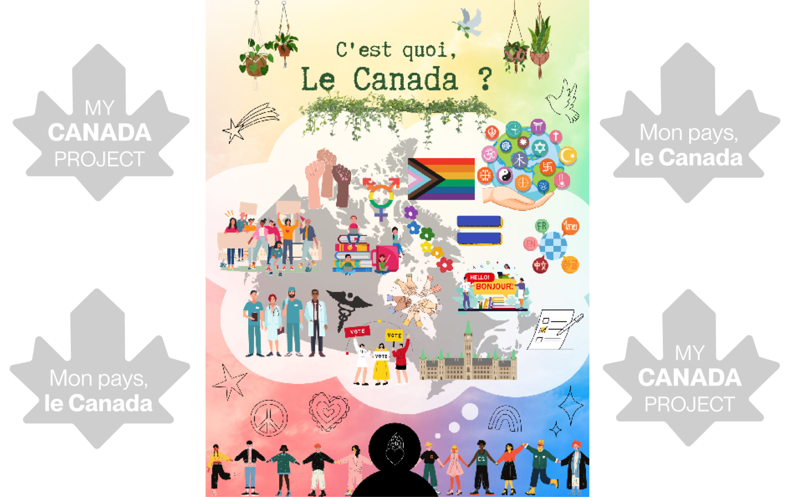 A piece of digital art with a rainbow-pastel background. There is a greyscale map of Canada in the center of the image. Pasted over and all around the map of Canada, there are cartoon representations of diversity, education, democracy, religious freedom, freedom of identity, and people from various walks of life coming together.